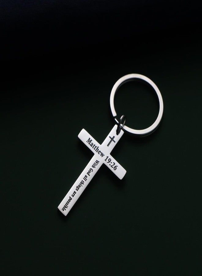 CHENVA Bible Verse Cross Keychain Strength Bible Verse Stainless Steel Key Ring Christian Gift for Women Men (MATTHEW 19:26) - Image 2